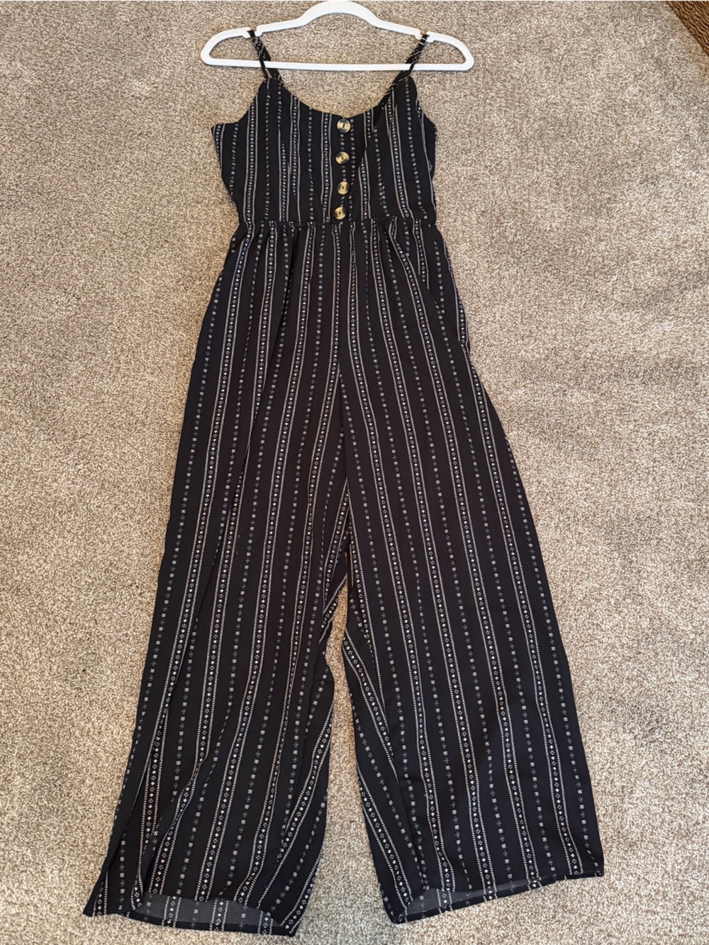 Women's Black Pinstripe Wide-Leg Jumpsuit with Button Waist